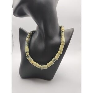 Natural Green Serpentine Stone Beaded Necklace Barrel Nugget 17 Inch Unisex